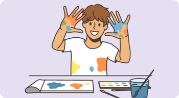 Illustration: Junge beim Malen und mit Farbe an den Händen