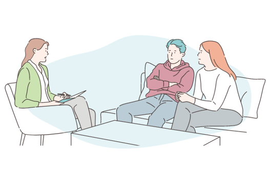 Illustration: Ein Paar im Beratungsgespräch mit einer Therapeutin