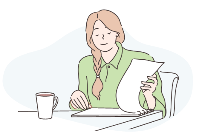 Illustration: Frau sitz mit Kaffe am Schreibtisch und blättert in einem Buch